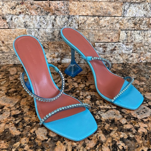 Amina Muaddi Gilda Glass Aqua Blue PVC Crystal Strap Mule Pumps - Picture 7 of 14